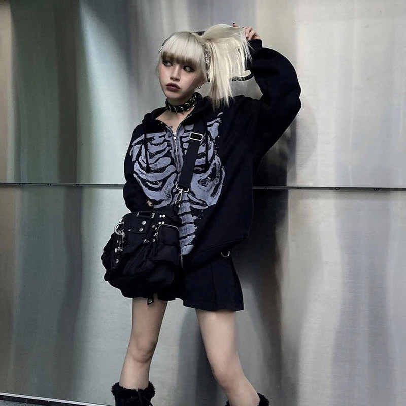 Skeleton Print Zip Up Loose Oversized Hoodie - Image 4