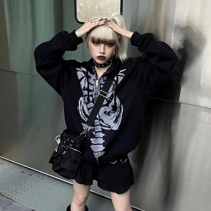 Skeleton Print Zip Up Loose Oversized Hoodie - Image 5
