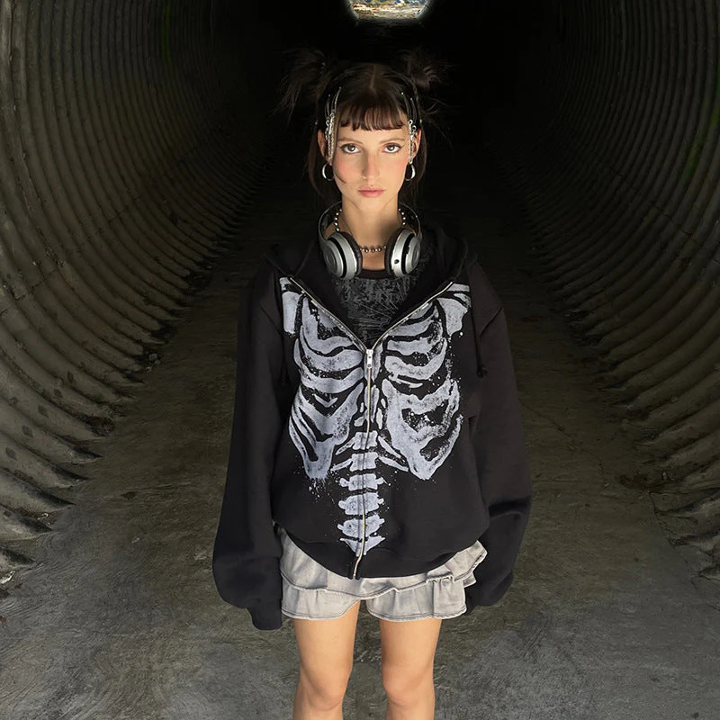 Skeleton Print Zip Up Loose Oversized Hoodie - Image 6