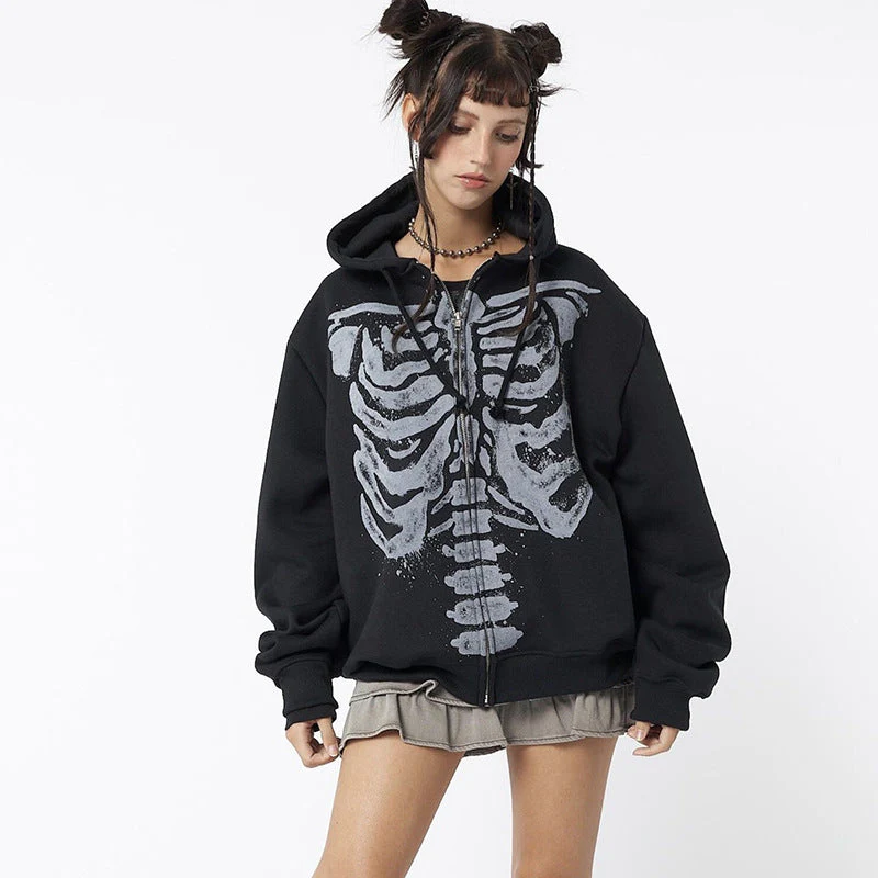 Skeleton Print Zip Up Loose Oversized Hoodie - Image 7
