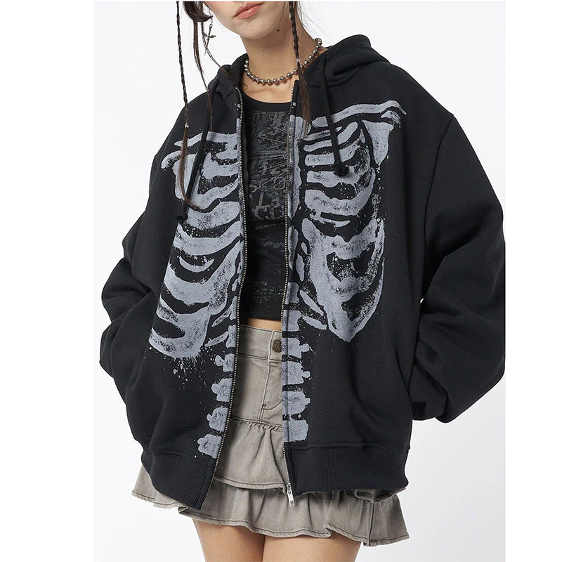 Skeleton Print Zip Up Loose Oversized Hoodie - Image 8