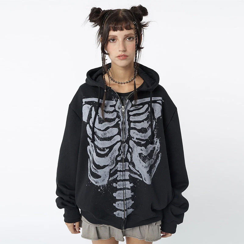 Skeleton Print Zip Up Loose Oversized Hoodie - Image 9