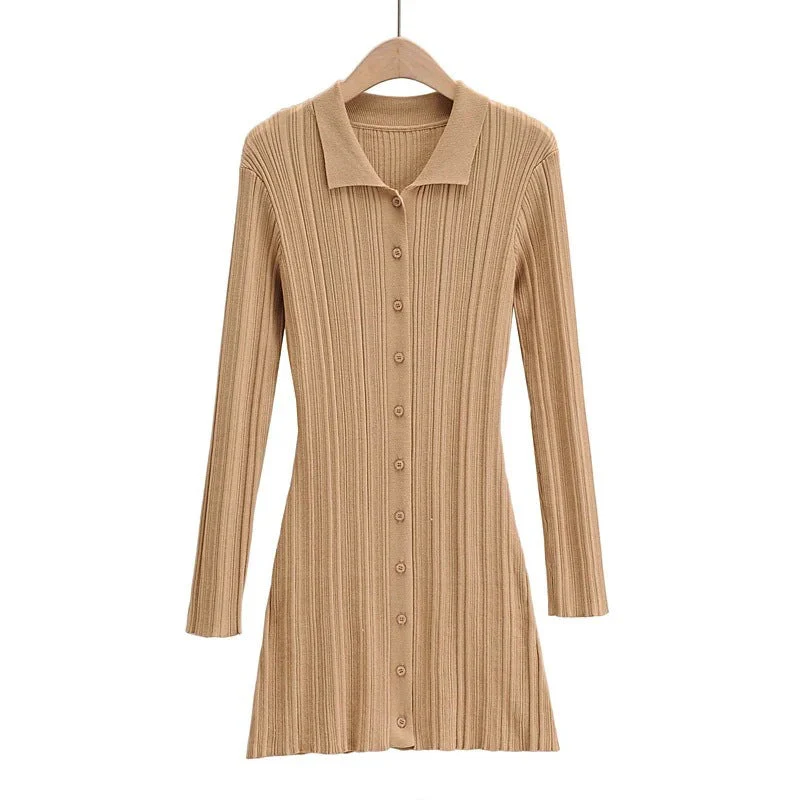Slim Polo Collar Knit Long Sleeve Dress - Image 10