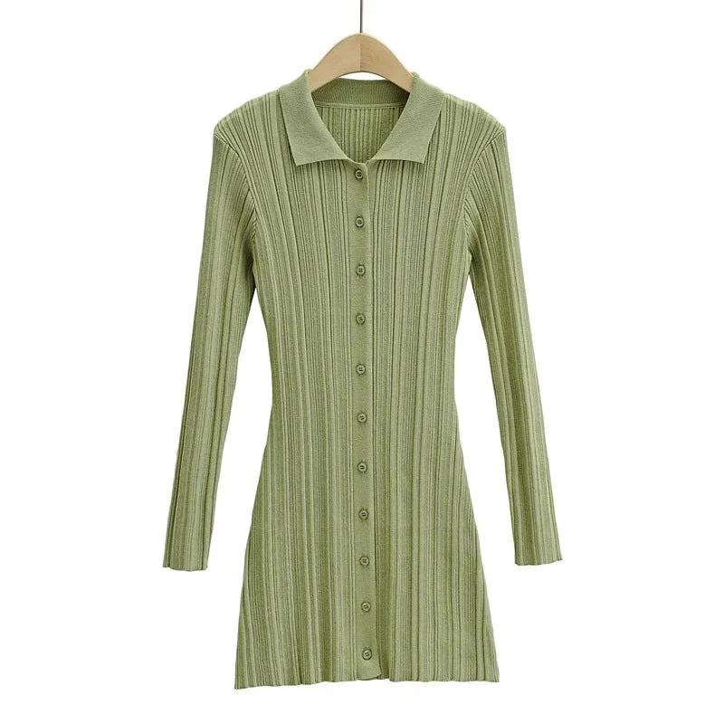 Slim Polo Collar Knit Long Sleeve Dress - Image 5