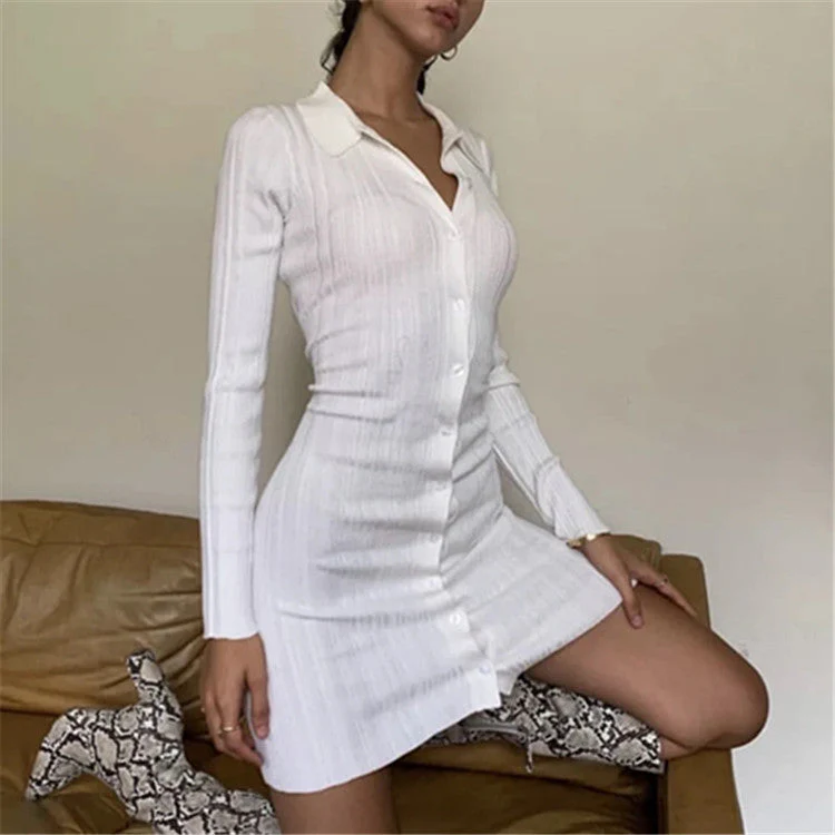 Slim Polo Collar Knit Long Sleeve Dress - Image 7
