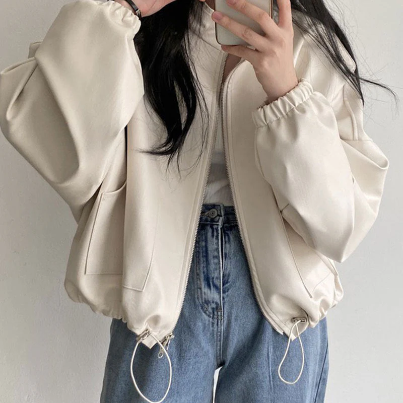 Solid Big Pocket Drawstring Collar Neck Leather Jacket - Image 2