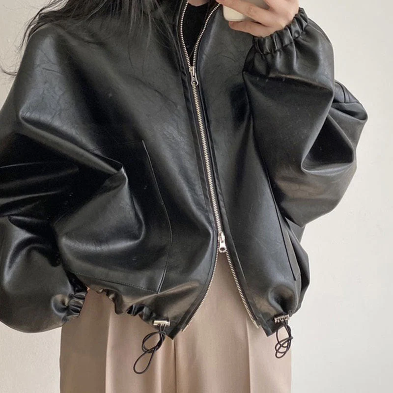 Solid Big Pocket Drawstring Collar Neck Leather Jacket - Image 3