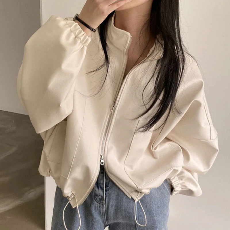 Solid Big Pocket Drawstring Collar Neck Leather Jacket - Image 4