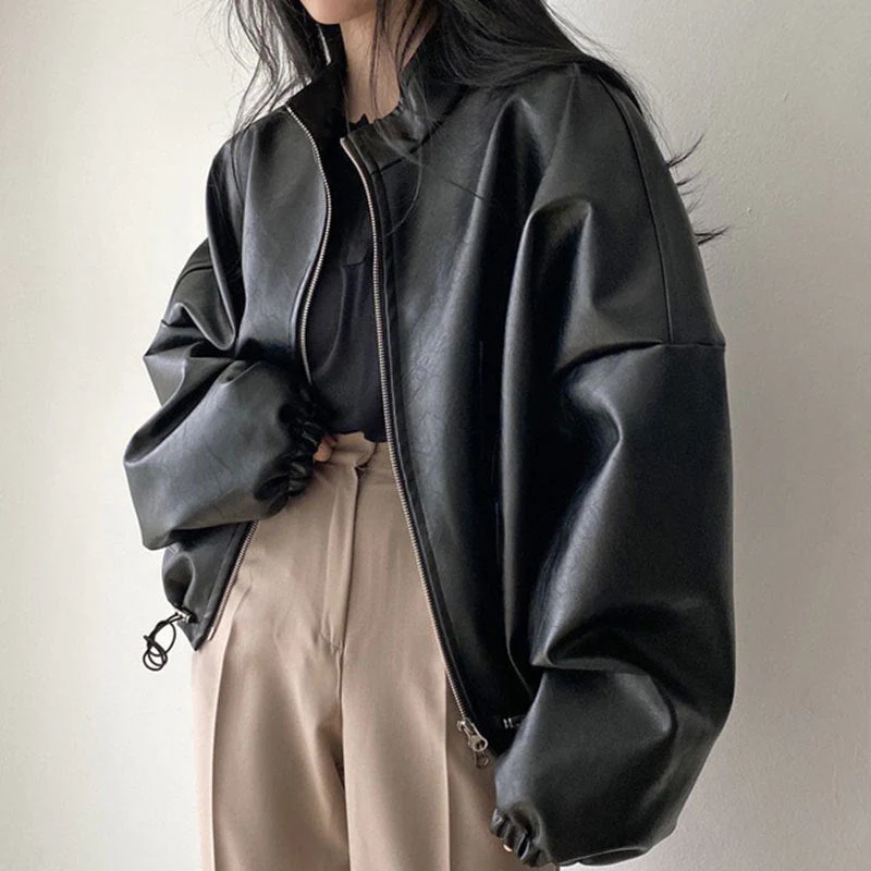 Solid Big Pocket Drawstring Collar Neck Leather Jacket - Image 5