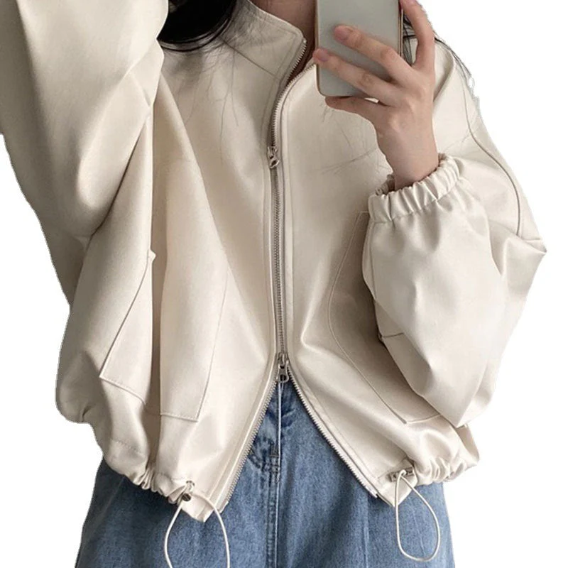 Solid Big Pocket Drawstring Collar Neck Leather Jacket - Image 6