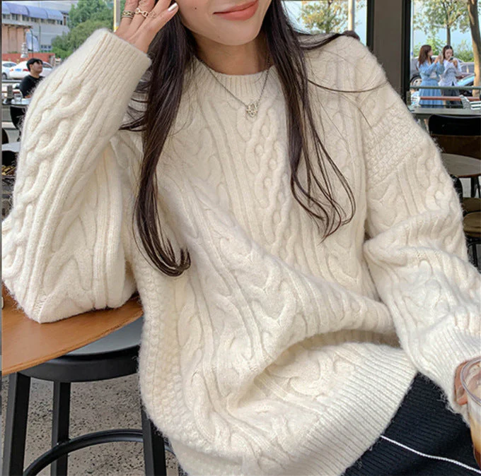 Solid Color Cable Knit Pullover Sweater - Image 2