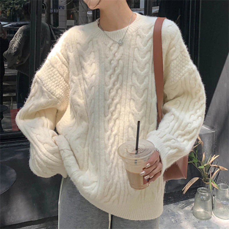 Solid Color Cable Knit Pullover Sweater - Image 4
