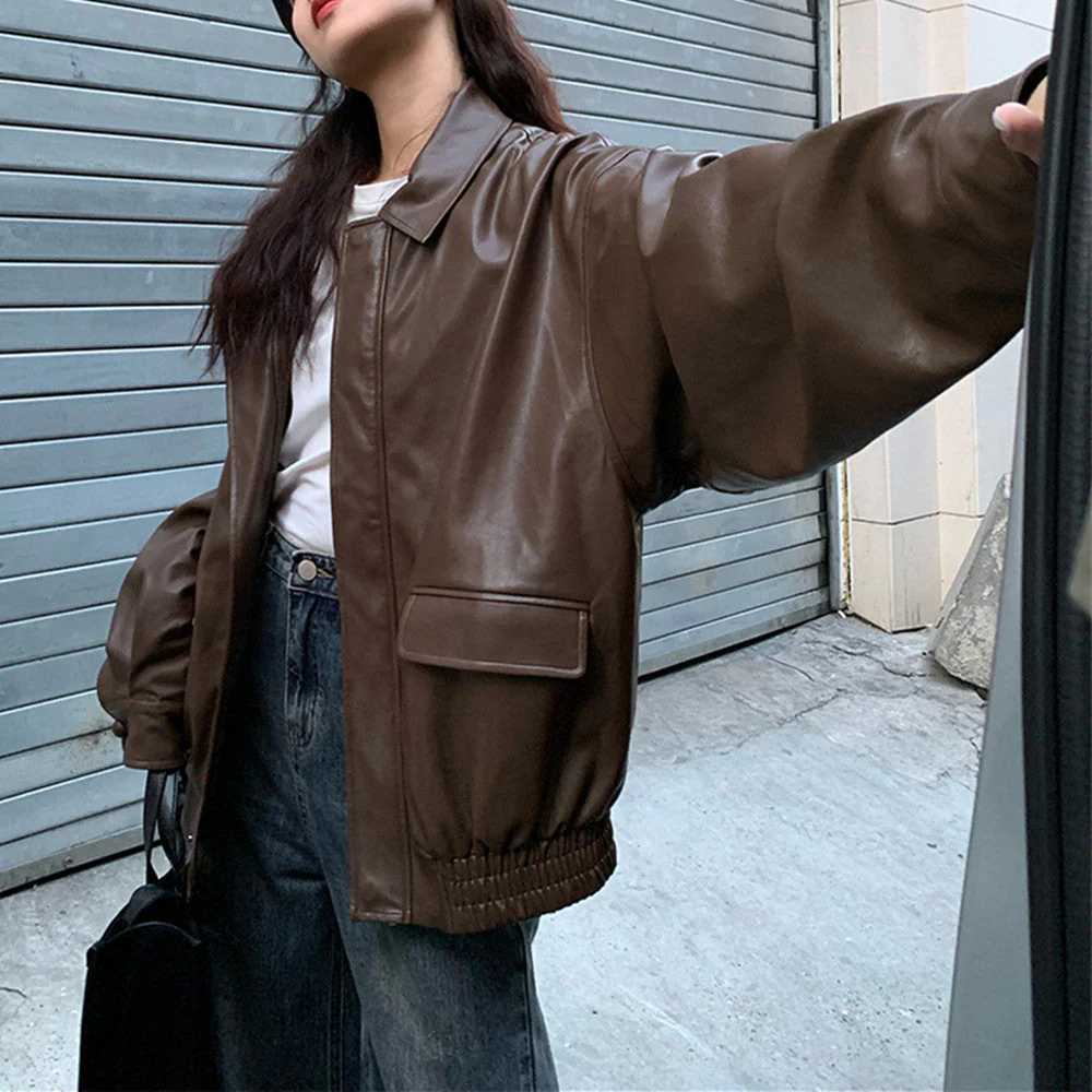 Solid Color Lapel Neck Leather Jacket - Image 2