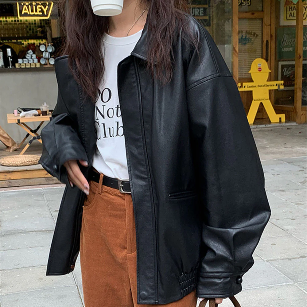Solid Color Lapel Neck Leather Jacket - Image 5