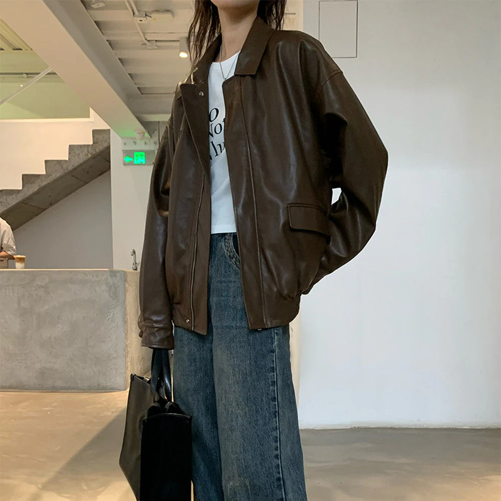 Solid Color Lapel Neck Leather Jacket - Image 6