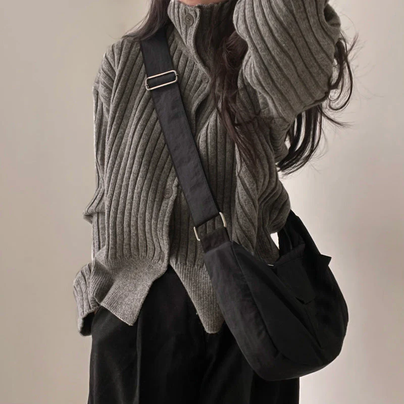Solid Color Striped Button Front Cardigan - Image 2
