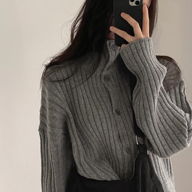 Solid Color Striped Button Front Cardigan - Image 3