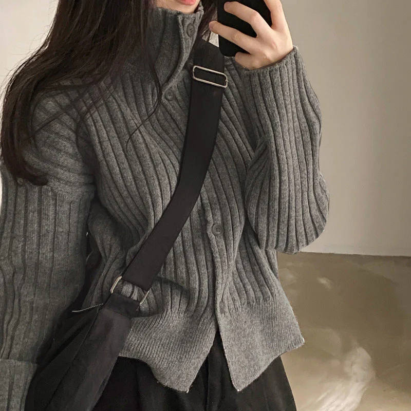 Solid Color Striped Button Front Cardigan - Image 6