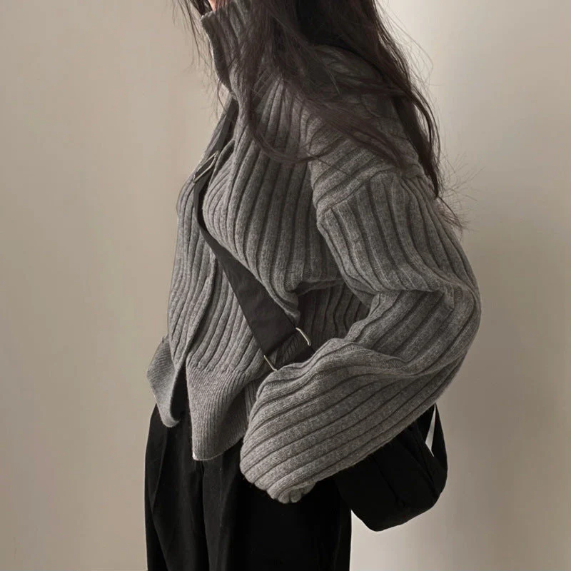Solid Color Striped Button Front Cardigan - Image 7