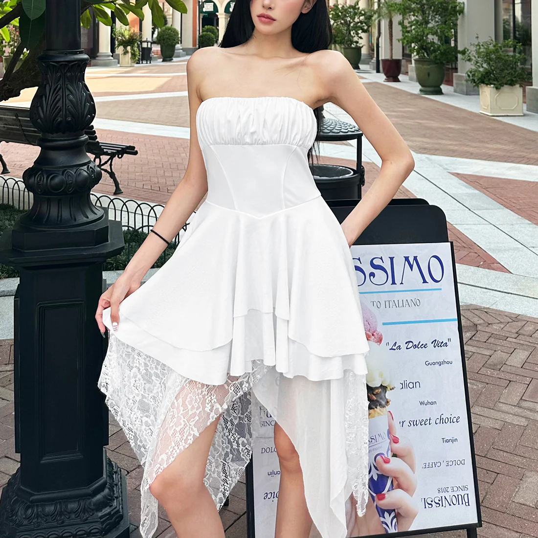 Solid color tube top irregular lace dress - Image 2