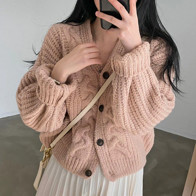 Solid V Neck Puff Sleeve Cable Knit Cardigan - Image 3