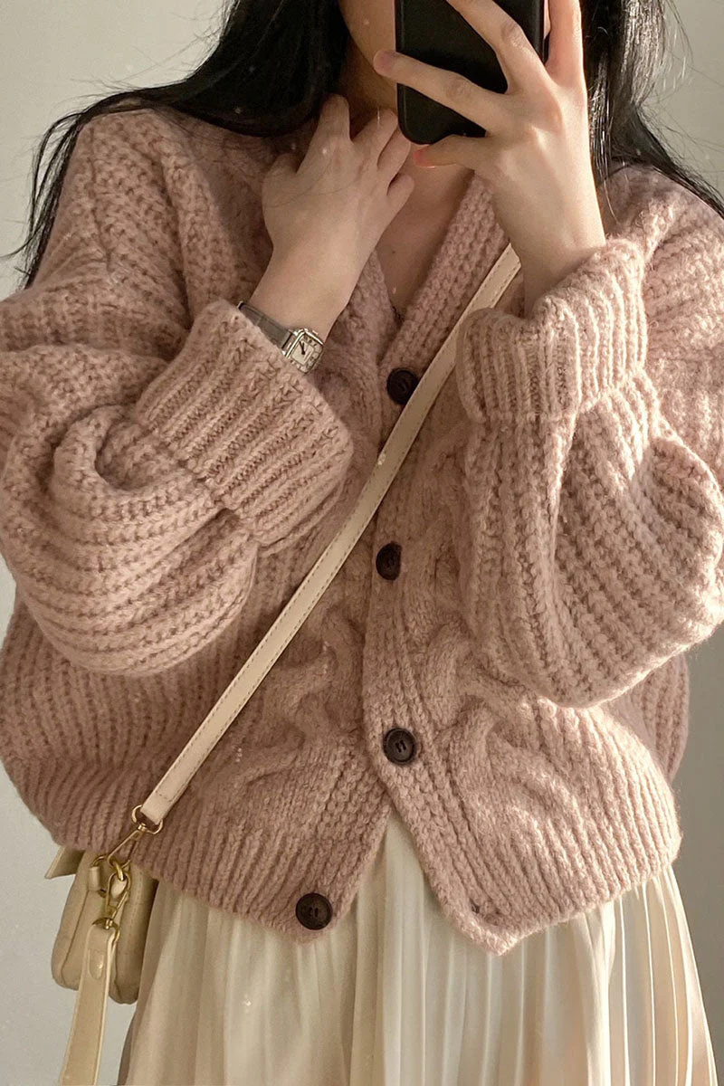 Solid V Neck Puff Sleeve Cable Knit Cardigan - Image 7