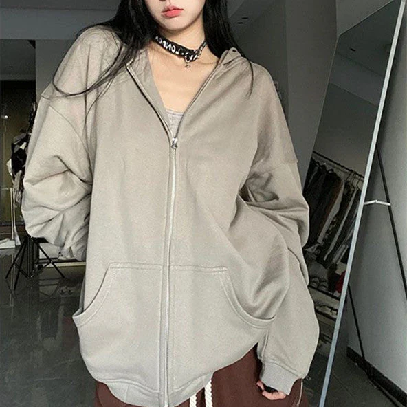 Solid Zip Up Oversized Hoodie - Image 2