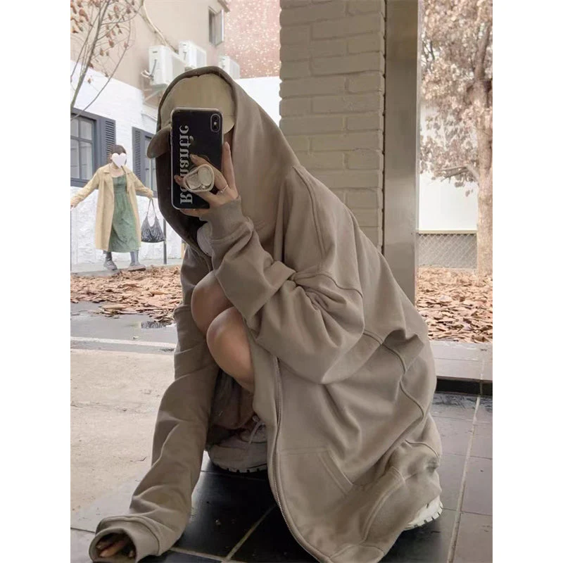 Solid Zip Up Oversized Hoodie - Image 7