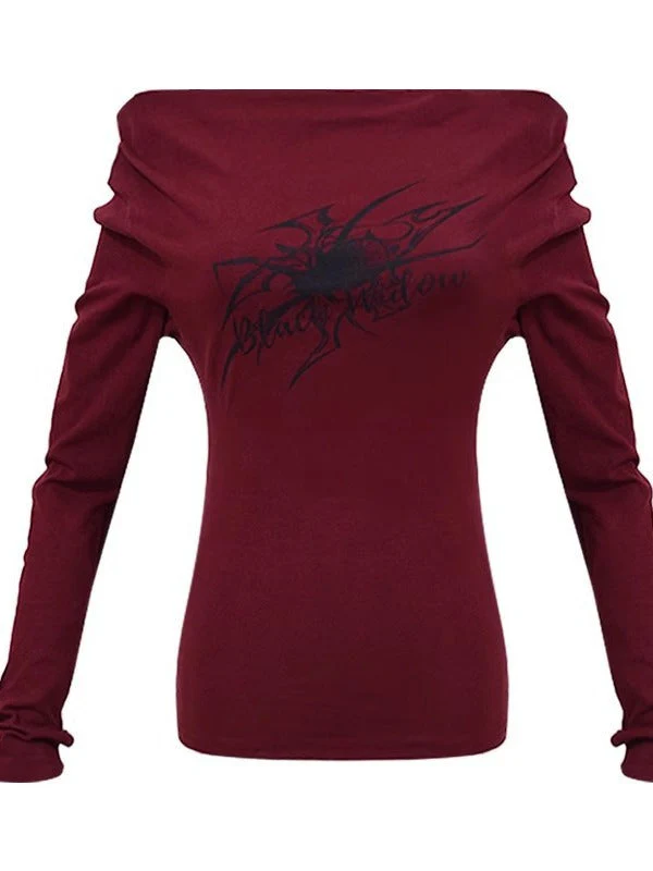Spider Print Off Shoulder Slim Long Sleeve Tee - Image 5