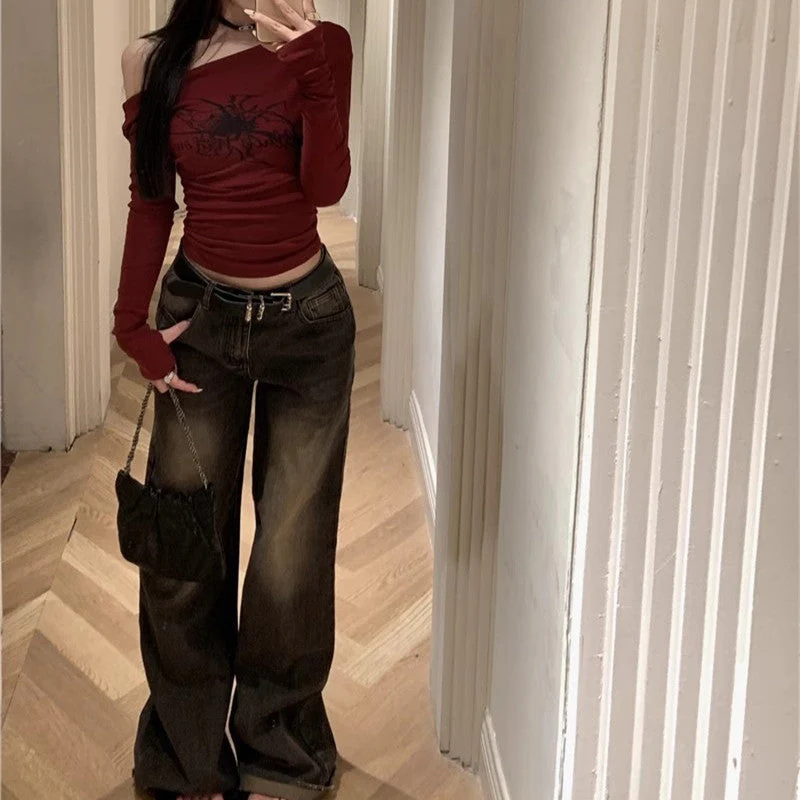 Spider Print Off Shoulder Slim Long Sleeve Tee - Image 6