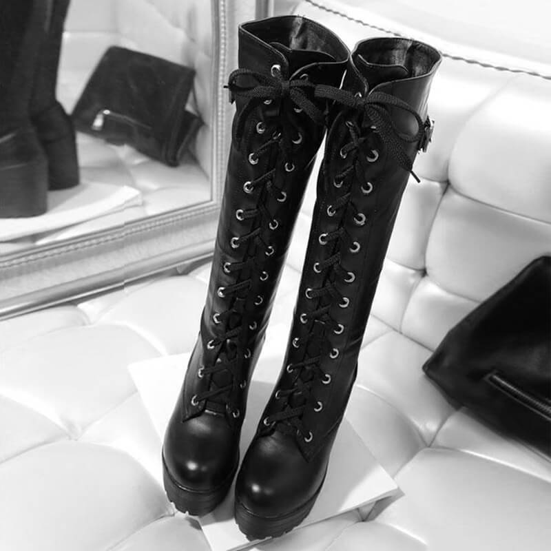 Square Lacing Knee High Heel Boots - Image 3