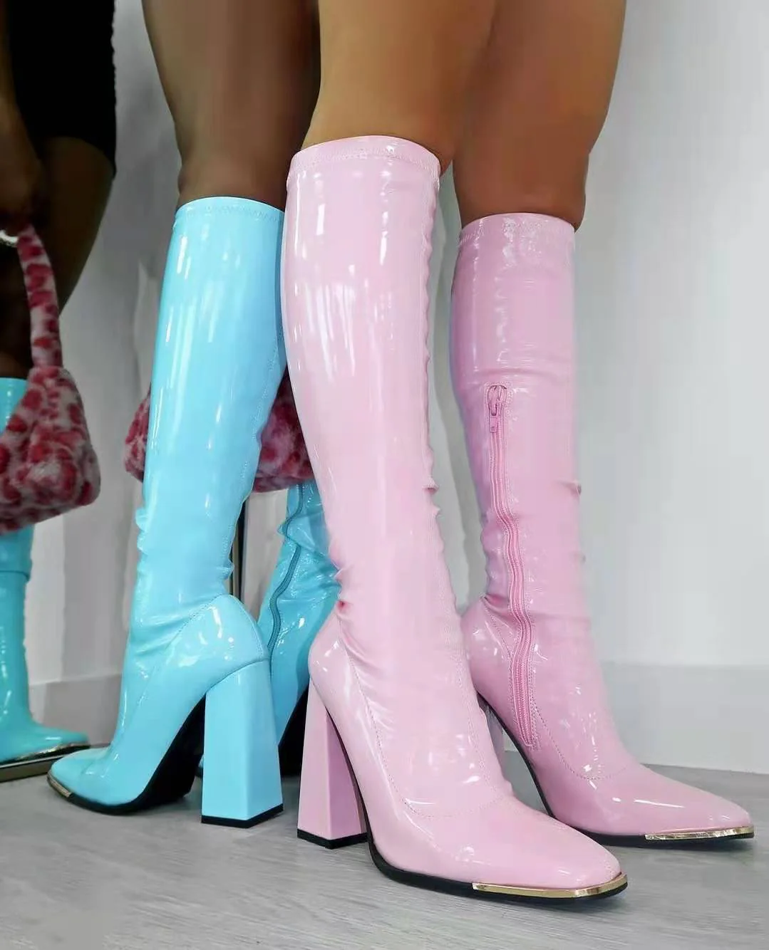 Square Toe Chunky Heel Bright Leather Boots - Image 3