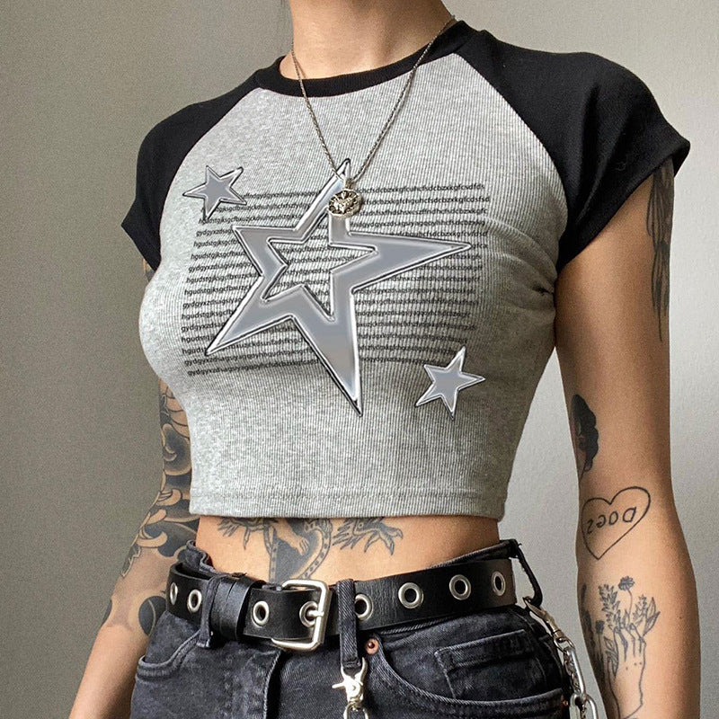 Star Graphic Raglan Sleeve Rib Crop Top - Image 3