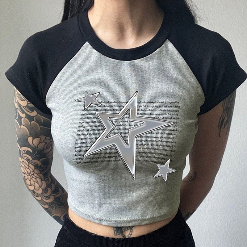 Star Graphic Raglan Sleeve Rib Crop Top - Image 4