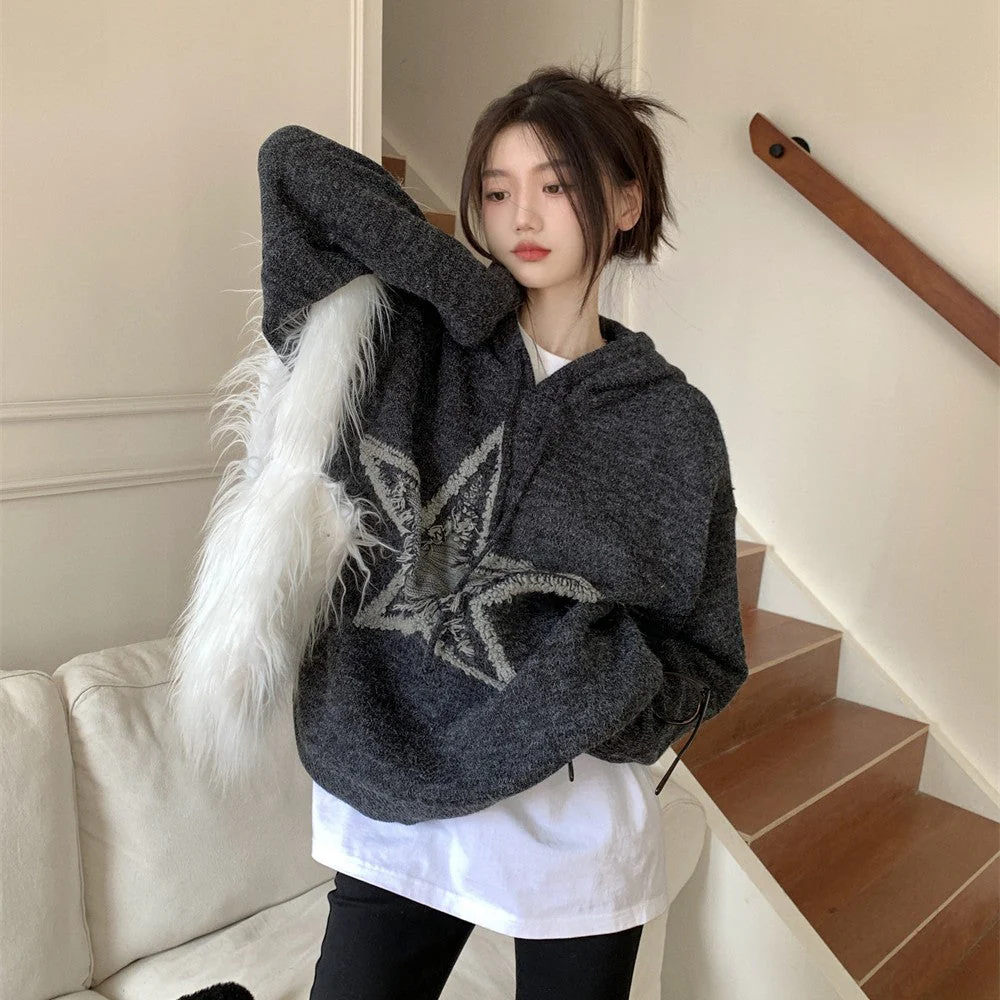 Star Jacquard Hooded Pullover Sweater - Image 2