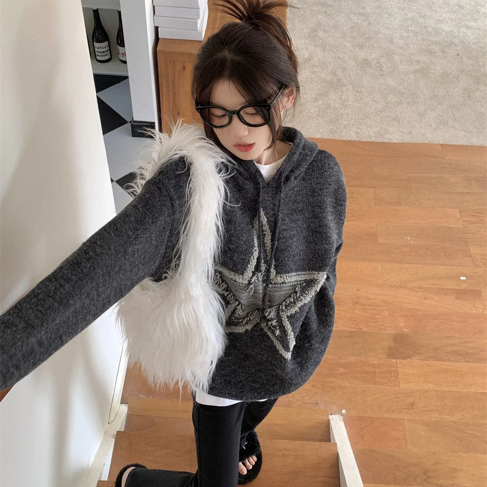 Star Jacquard Hooded Pullover Sweater - Image 3