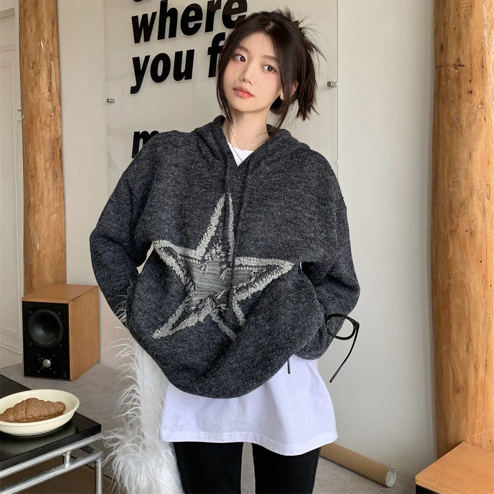 Star Jacquard Hooded Pullover Sweater - Image 4