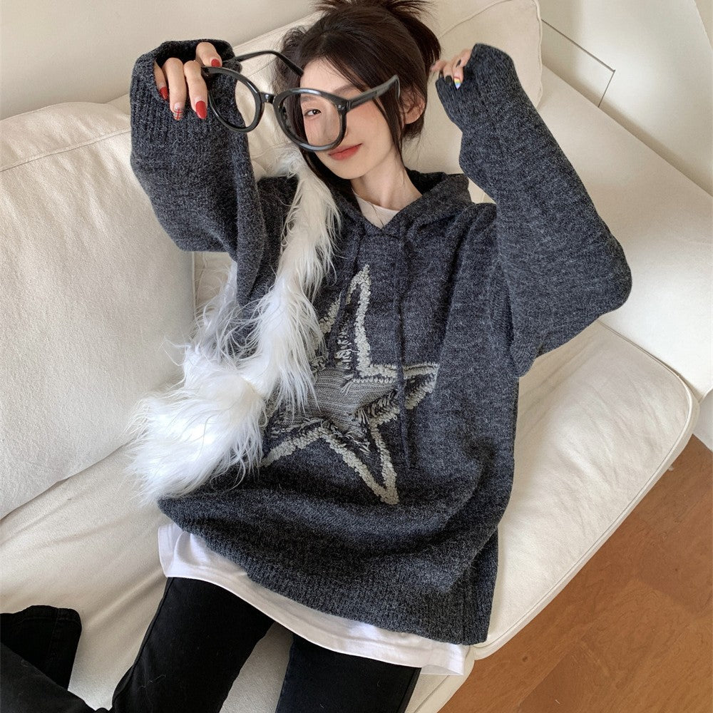 Star Jacquard Hooded Pullover Sweater - Image 5