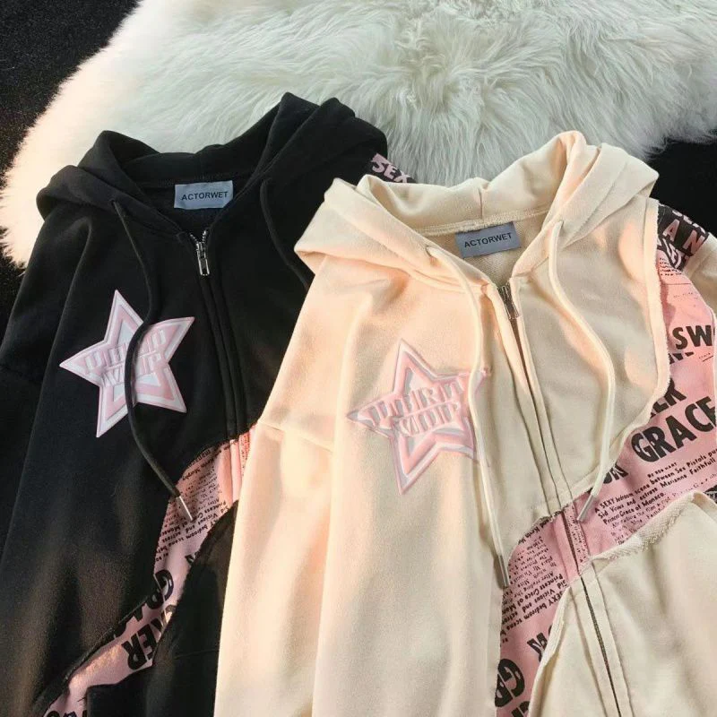 Star Letter Print Patchwork Oversized Hoodie - Image 2