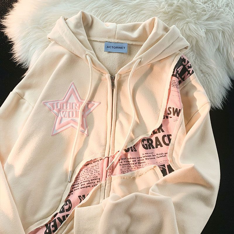 Star Letter Print Patchwork Oversized Hoodie - Image 3