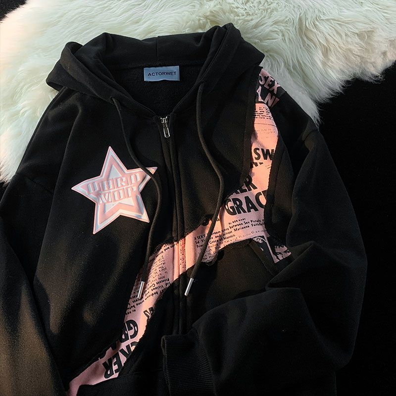 Star Letter Print Patchwork Oversized Hoodie - Image 4