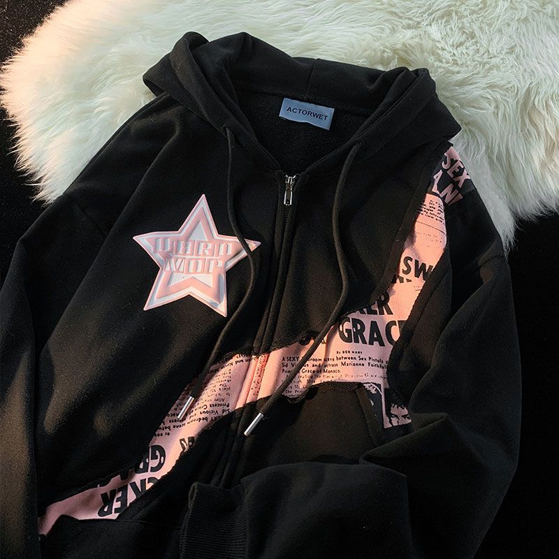 Star Letter Print Patchwork Oversized Hoodie - Image 5