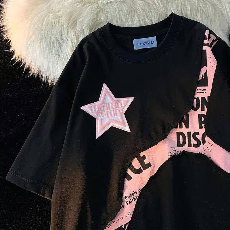 Star Letter Print Patchwork Oversized T-shirt - Image 7