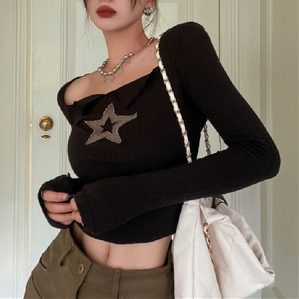 Star Patch Long Sleeve Knit Crop Top - Image 4
