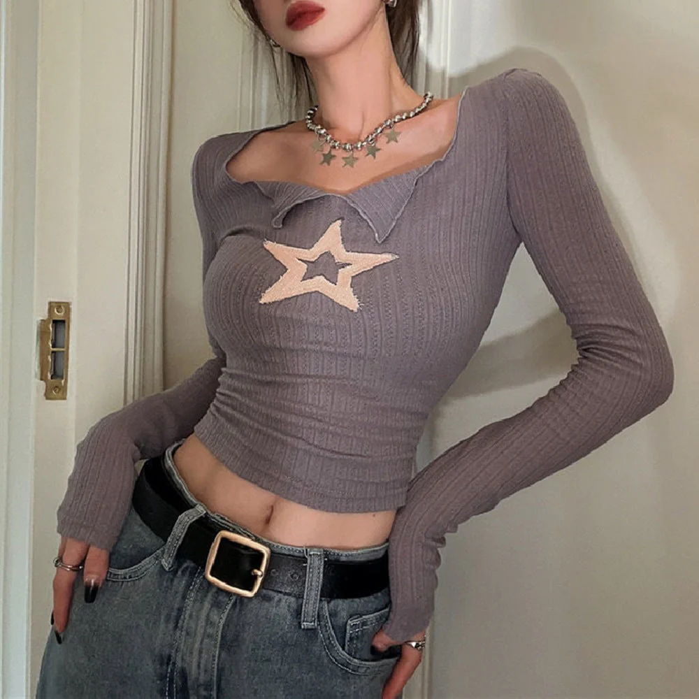 Star Patch Long Sleeve Knit Crop Top - Image 5
