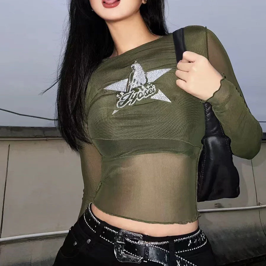 Star Print Long Sleeve Crop Top - Image 3