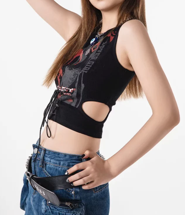 Star Print Side Cutout Tie Crop Tank Top - Image 3