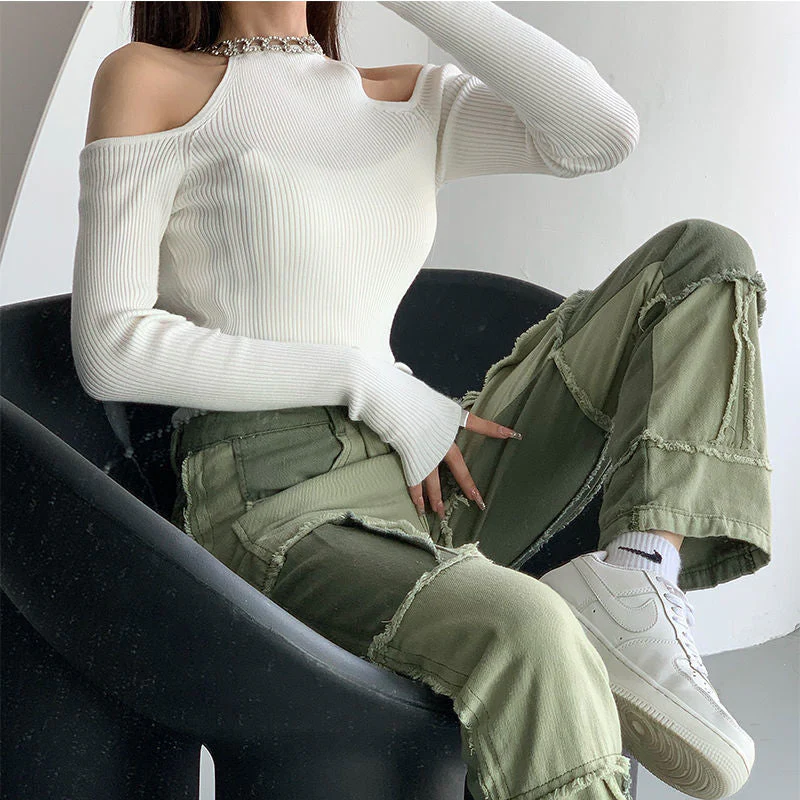 Stitching Contrast Color High Waist Straight Pants - Image 5