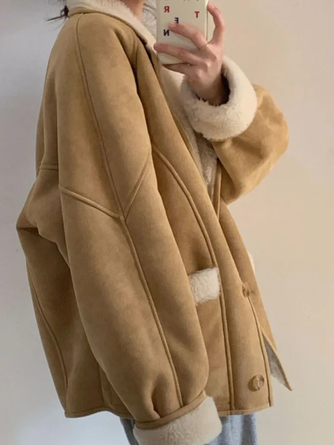 Suede Lambswool Lapel Neck Jacket - Image 5