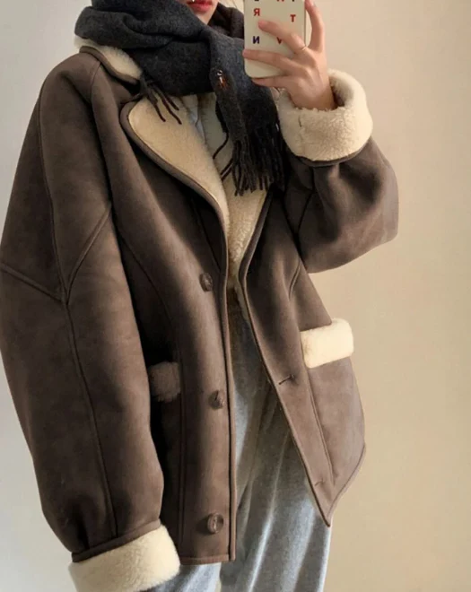 Suede Lambswool Lapel Neck Jacket - Image 6
